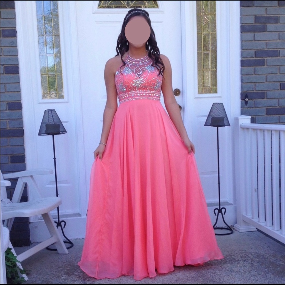 Coral pink long jewel halter prom ball dress